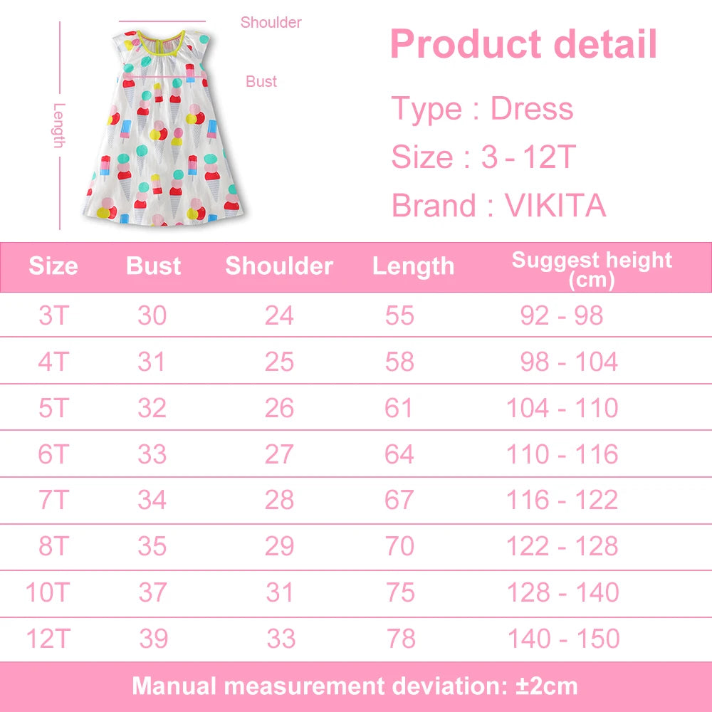 VIKITA-camisola con tirantes para niña, vestido sin mangas con estampado de helado, manga acampanada, ropa de verano