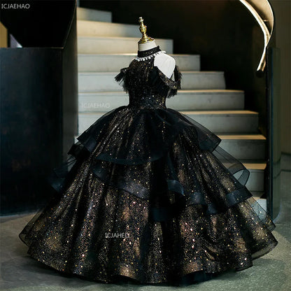 Vestido de fiesta de cumpleaños negro para niñas, vestido de princesa de tul hinchado para actuaciones de Piano, vestidos de desfile de desfile de moda