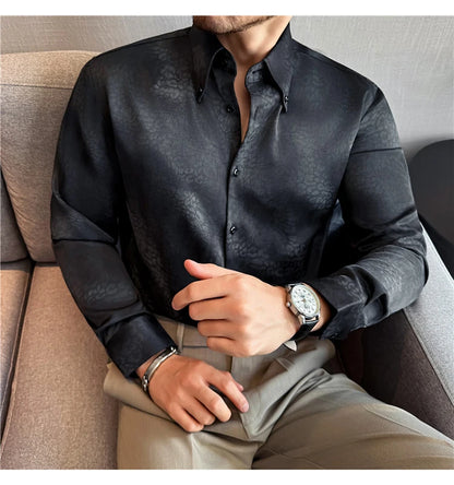 Camisa de manga larga de seda de imitación para hombre, camisa informal estampada de Color degradado a la moda, ropa Social de negocios, ropa de calle para hombre