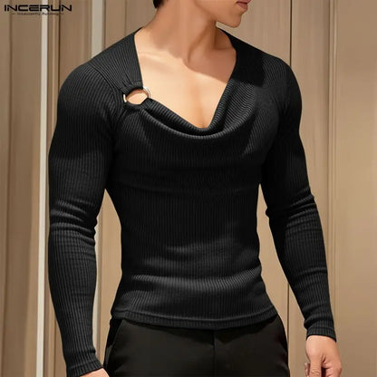 INCERUN Men's T Shirt Solid Color Knitted Long Sleeve Male Tee Tops 2026 Casual Streetwear Stylish Menswear Clothing Camisetas