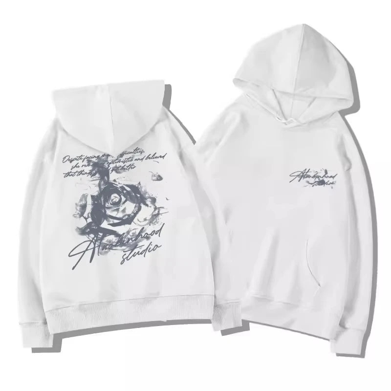 Sudadera con Capucha para Hombre, Estampado Vintage de Rosas, Estilo Urbano Oversize, Gráfico de Letras Cursivas, Sudadera Casual para Otoño e Invierno