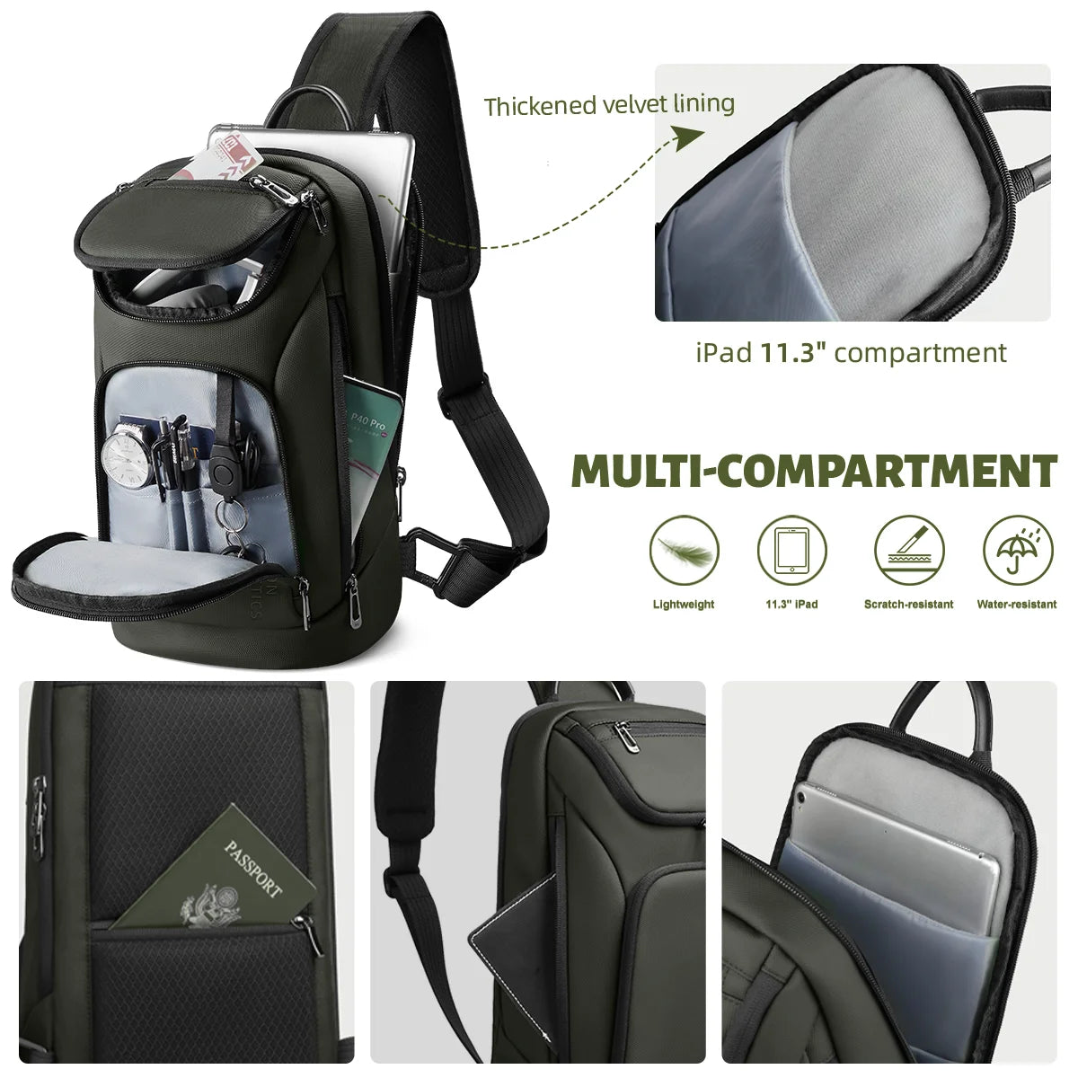 Bolso de hombro multifunción HK para hombre, bolso cruzado impermeable, apto para iPad de 11 pulgadas, bolso bandolera ligero para viajes al aire libre
