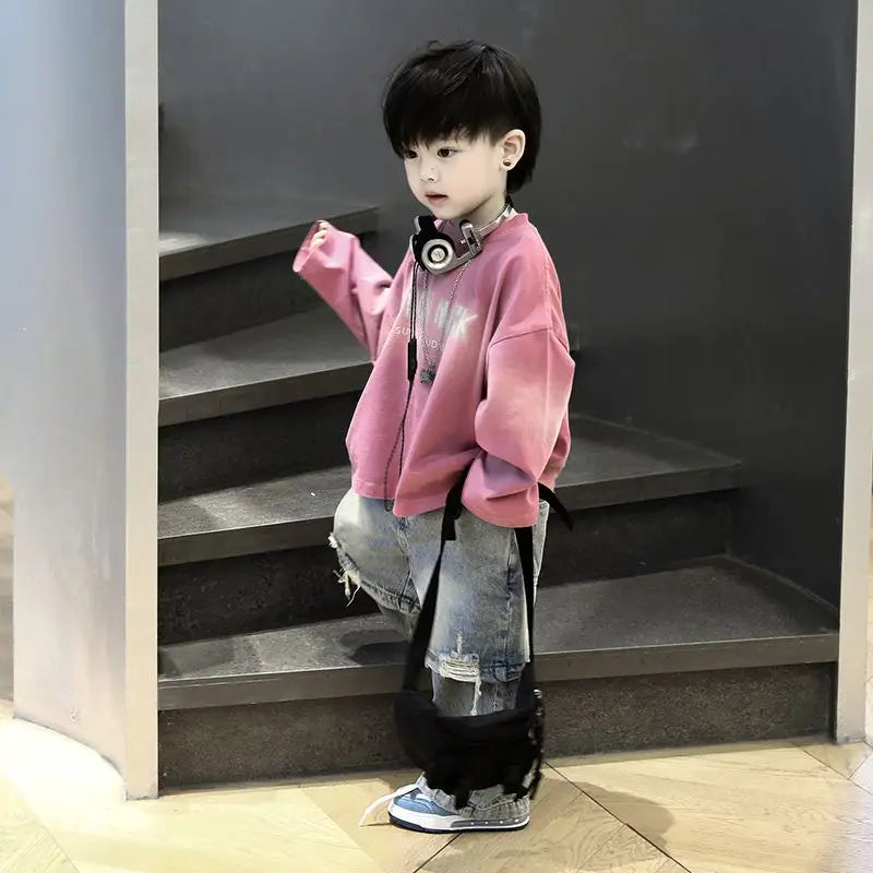 Conjunto de 2 Piezas de Ropa Infantil 2026 para Niño, Primavera-Otoño, Nueva Versión Coreana, Camisa Base con Degradado Rosa, Pantalones Vaqueros Personalizados a la Moda