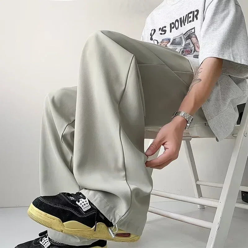 Pantalones bombachos holgados rectos lisos de verano para hombre, pantalones de chándal drapeados deportivos informales, pantalones de pierna ancha con cordón, novedad de 2025