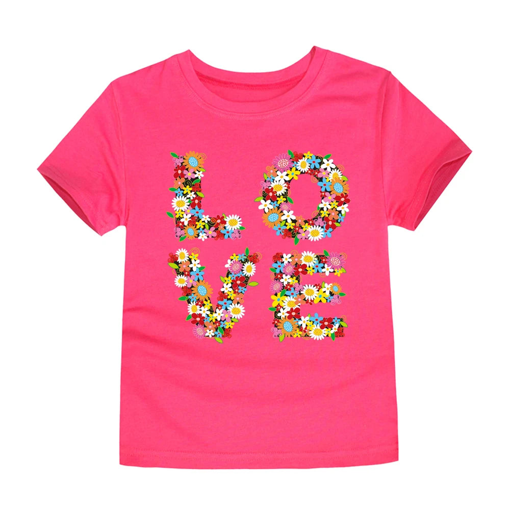 Camiseta de manga corta de algodón transpirable para niños, con estampado de letras de flores de verano, moderna y bonita
