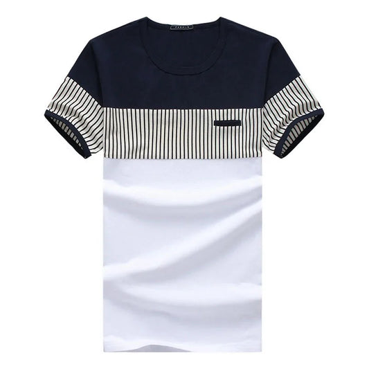 Camiseta a rayas para hombre, 95% algodón, 5% Spandex, manga corta, color azul marino, blanco, cuello redondo, a la moda, de verano