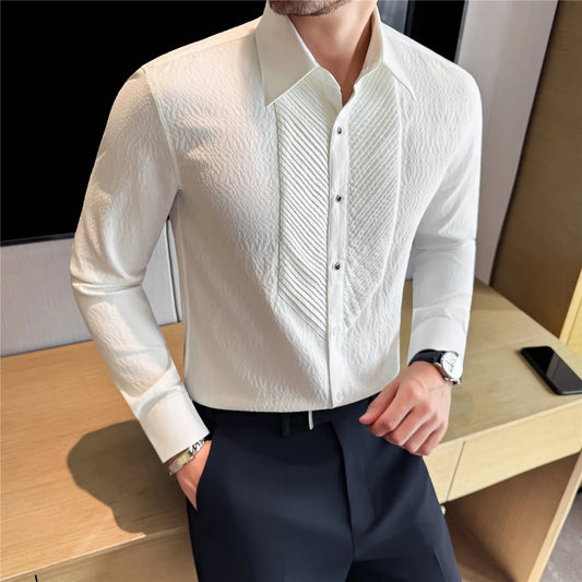 2025 Camisa de manga larga de Jacquard a rayas, camisa de vestir plisada de acordeón para hombre, camisa informal de alta calidad para fiesta de negocios y banquete