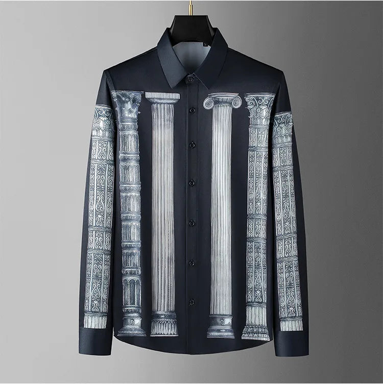 Camisa de manga larga con estampado de columna romana de estilo americano y europeo para hombre, camisas de vestir formales de negocios informales ajustadas, ropa para hombre