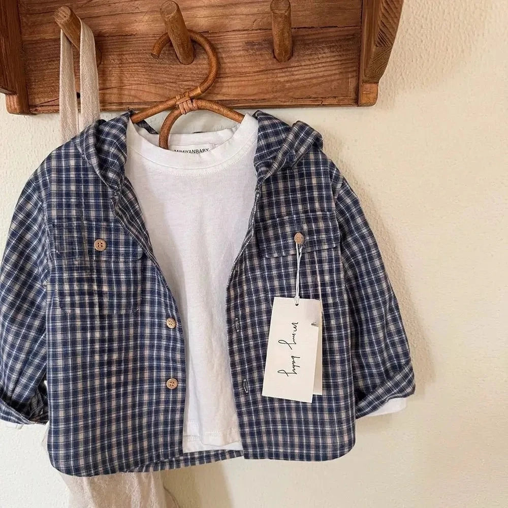 Camisas coreanas para niños, camisas con capucha para niñas y niños, Tops a cuadros de algodón para niños, abrigo informal de manga larga para primavera y otoño de 1 a 10 años