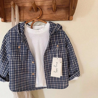 Camisas coreanas para niños, camisas con capucha para niñas y niños, Tops a cuadros de algodón para niños, abrigo informal de manga larga para primavera y otoño de 1 a 10 años