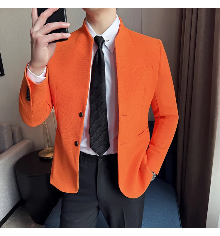 Chaqueta de traje con cuello levantado de alta calidad para hombre, chaquetas de negocios informales, abrigo coreano con gofres para boda, novio, banquete, vestido de fiesta, 2025