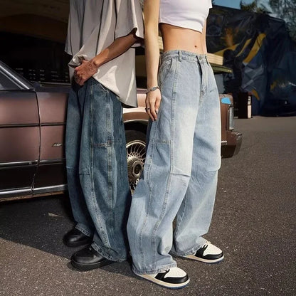 Otoño de los hombres de moda Hip Hop empalmado pantalones vaqueros holgados diseño plisado Casual pantalones vaqueros de pierna recta Y2K Vintage Streetwear jean
