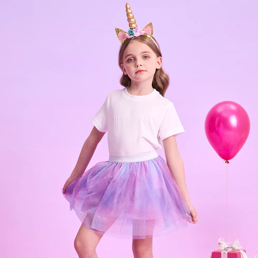 VIKITA, minifalda de malla de tul púrpura degradado con purpurina para niñas, fiesta de cumpleaños para niños, princesa, ropa informal diaria, falda esponjosa brillante