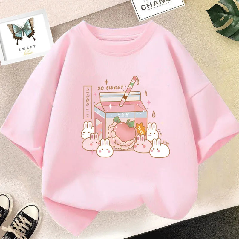 Camiseta bonita de dibujos animados de batido de leche de fresa para niñas, camisetas rosas con gráfico de manga corta para niños