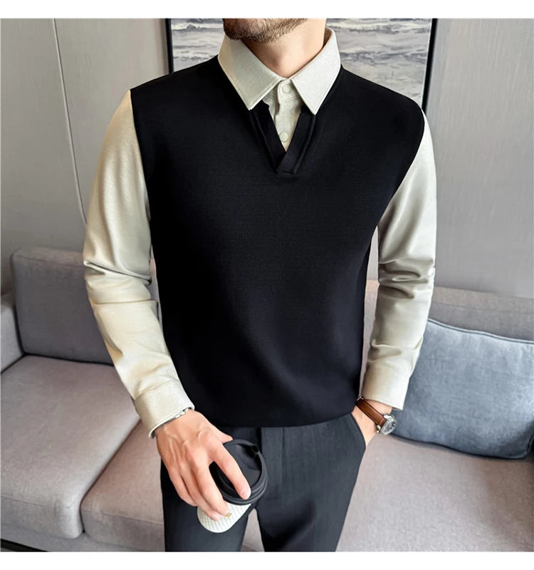 Suéter de punto de alta calidad para hombre, camisa de lana gruesa con cuello empalmado, suéteres con cuello en V, suéter de punto de dos piezas para Otoño e Invierno