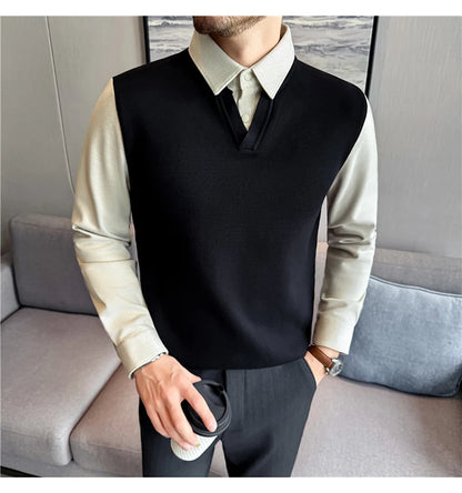 Suéter de punto de alta calidad para hombre, camisa de lana gruesa con cuello empalmado, suéteres con cuello en V, suéter de punto de dos piezas para Otoño e Invierno