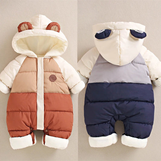 Nuevos peleles de invierno para bebés, monos gruesos de terciopelo con retales para niños y niñas, monos con capucha a prueba de viento, traje para la nieve, mono de una pieza