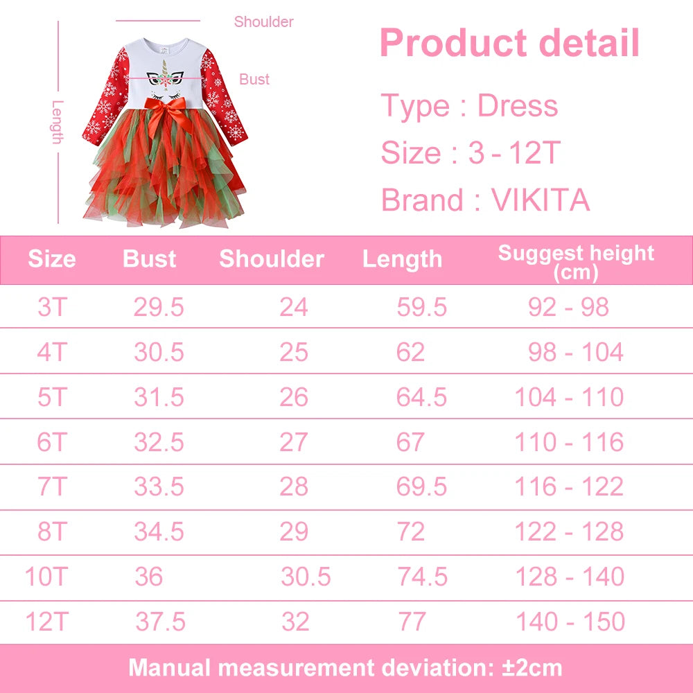 VIKITA Vestido navideño de unicornio para niñas, vestido tutú con estampado de copos de nieve de manga larga para niños con falda de tul escalonada roja y verde para Navidad