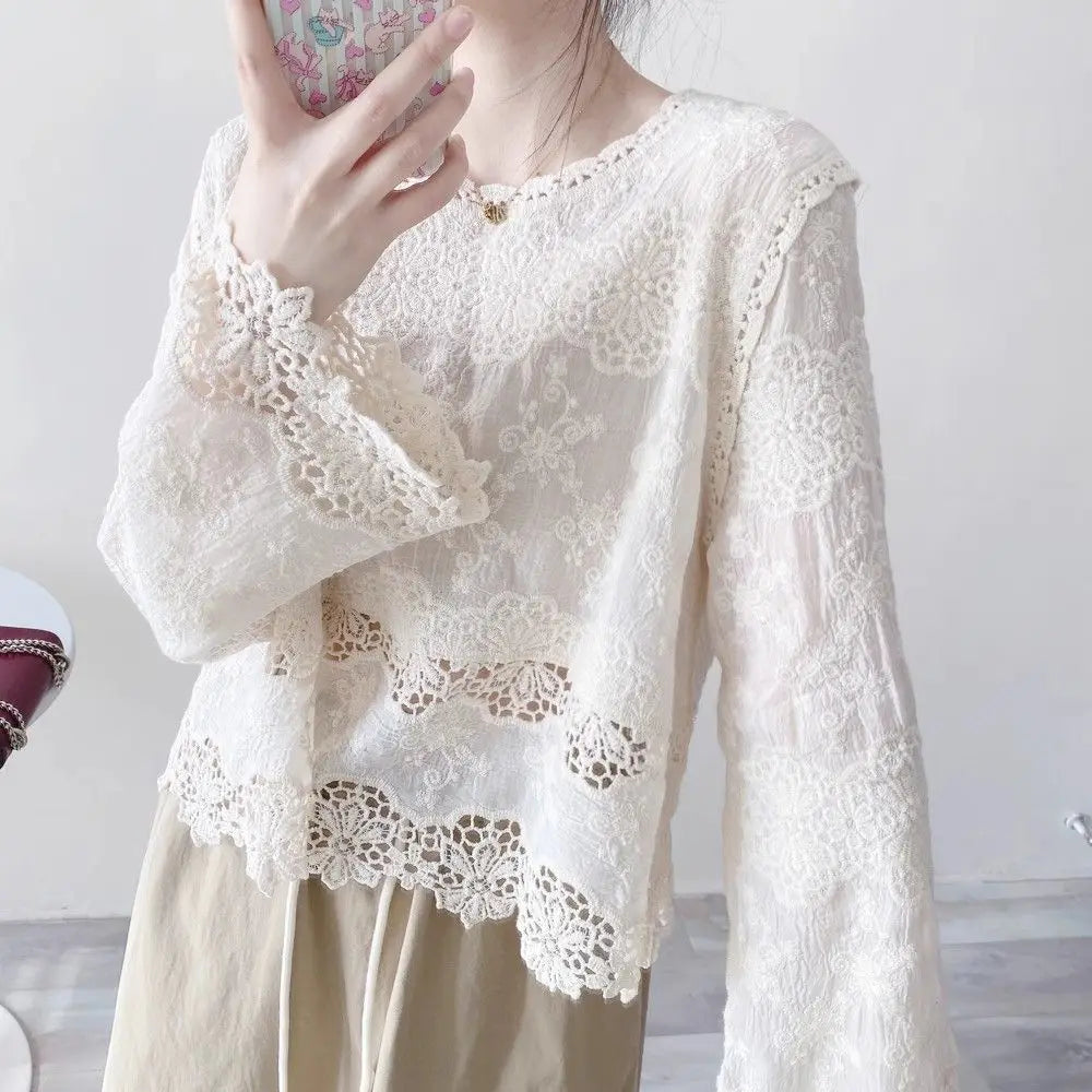 Blusas de algodón de primavera para mujer, camisas elegantes de manga larga caladas con encaje de ganchillo