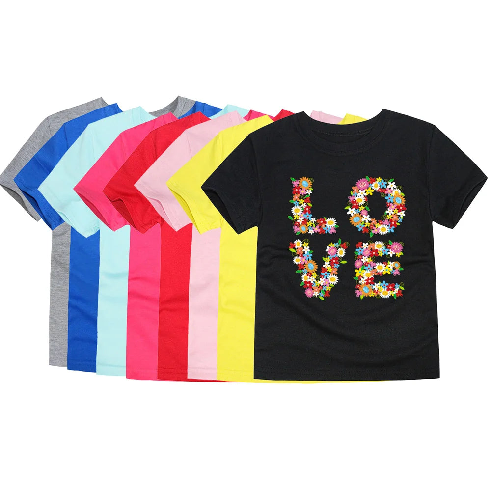 Camiseta de manga corta de algodón transpirable para niños, con estampado de letras de flores de verano, moderna y bonita