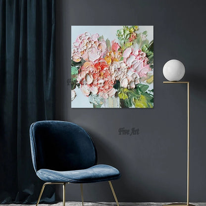 Arte de cuchillo de textura pesada acrílica gruesa, pintura al óleo de flores abstractas, imagen de pared para restaurante, diseños de arte moderno, decoración del hogar