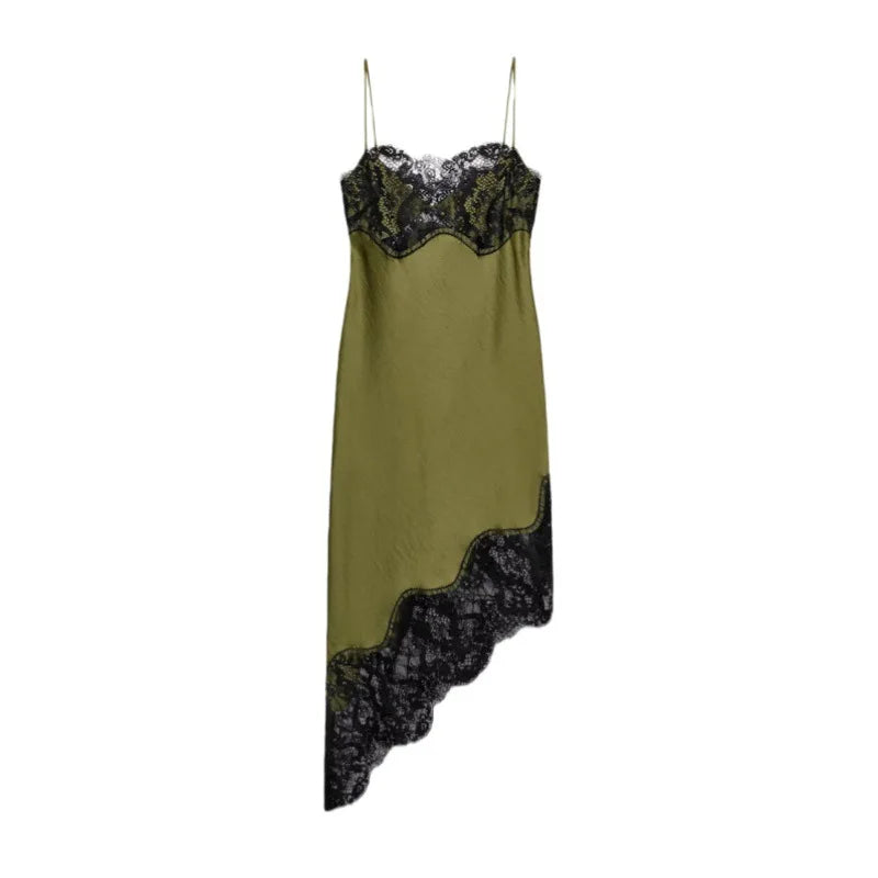 Vestido Asimétrico Satinado para Mujer | Strapless, Detalles de Encaje y Corte Recto Elegante