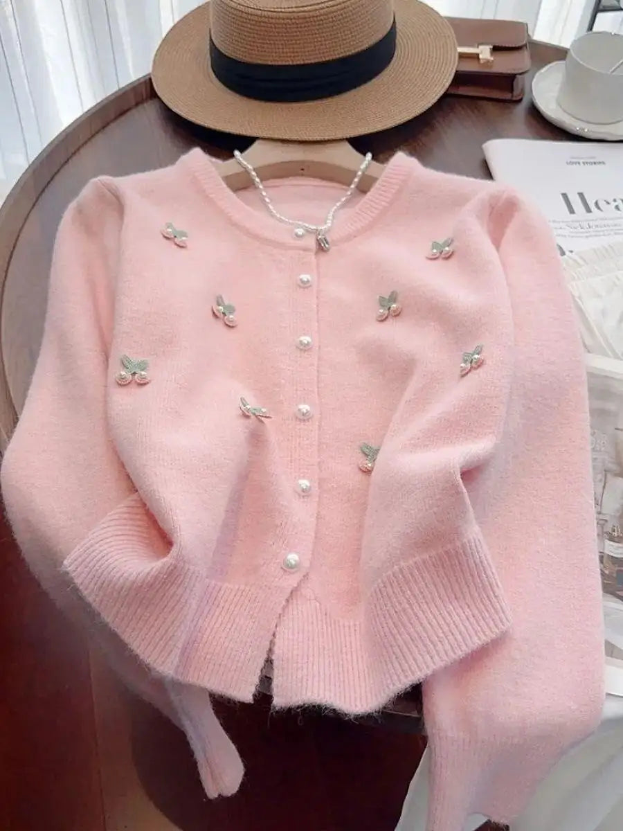 Cárdigan de punto suave y dulce para mujer, cuello redondo, versátil, estilo coreano, suéter de manga larga, abrigo, moda de ...