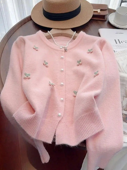 Cárdigan de punto suave y dulce para mujer, cuello redondo, versátil, estilo coreano, suéter de manga larga, abrigo, moda de ...