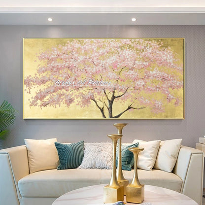 Arthyx-Pintura al óleo de flores doradas pintada a mano sobre lienzo, póster de árbol de arte abstracto moderno, cuadros grandes para pared, decoración del hogar para sala de estar + paquete Switch In Art completo