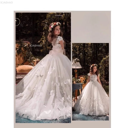 Vestido de fiesta de princesa largo blanco para niñas con tren para actuación de Piano vestido Formal de desfile de cumpleaños de boda para niñas de flores