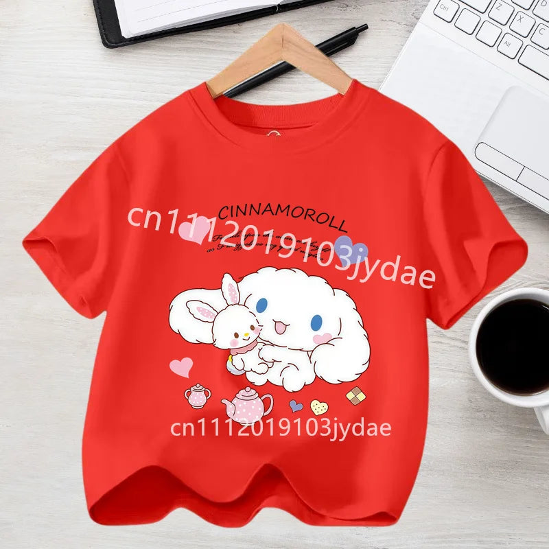 Camiseta de Manga Corta para Niños, Estilo Urbano, Verano 2026, Ropa Casual, Regalo Kawaii, Linda Camiseta de Cinnamoroll para Niña, Camiseta de Algodón con Estampado de Anime