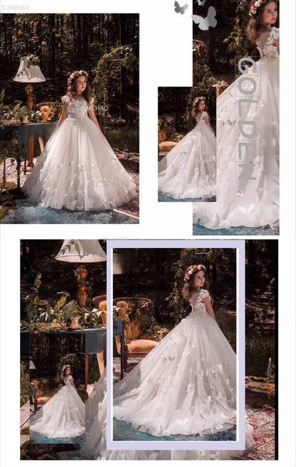 Vestido de fiesta de princesa largo blanco para niñas con tren para actuación de Piano vestido Formal de desfile de cumpleaños de boda para niñas de flores