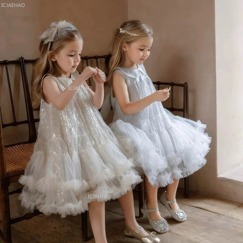 Nuevo vestido de fiesta para niñas, vestido de princesa de tul sin mangas con cuello Peter Pan para actuaciones de Piano, banquete, desfile Formal