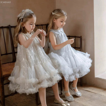 Nuevo vestido de fiesta para niñas, vestido de princesa de tul sin mangas con cuello Peter Pan para actuaciones de Piano, banquete, desfile Formal