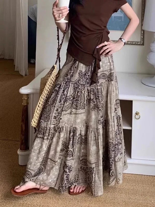 Elegante Falda Larga con Estampado de Nogal, Estilo Casual Verano 2025, Transpirable, de Cintura Alta y Corte en A, Estilo De...
