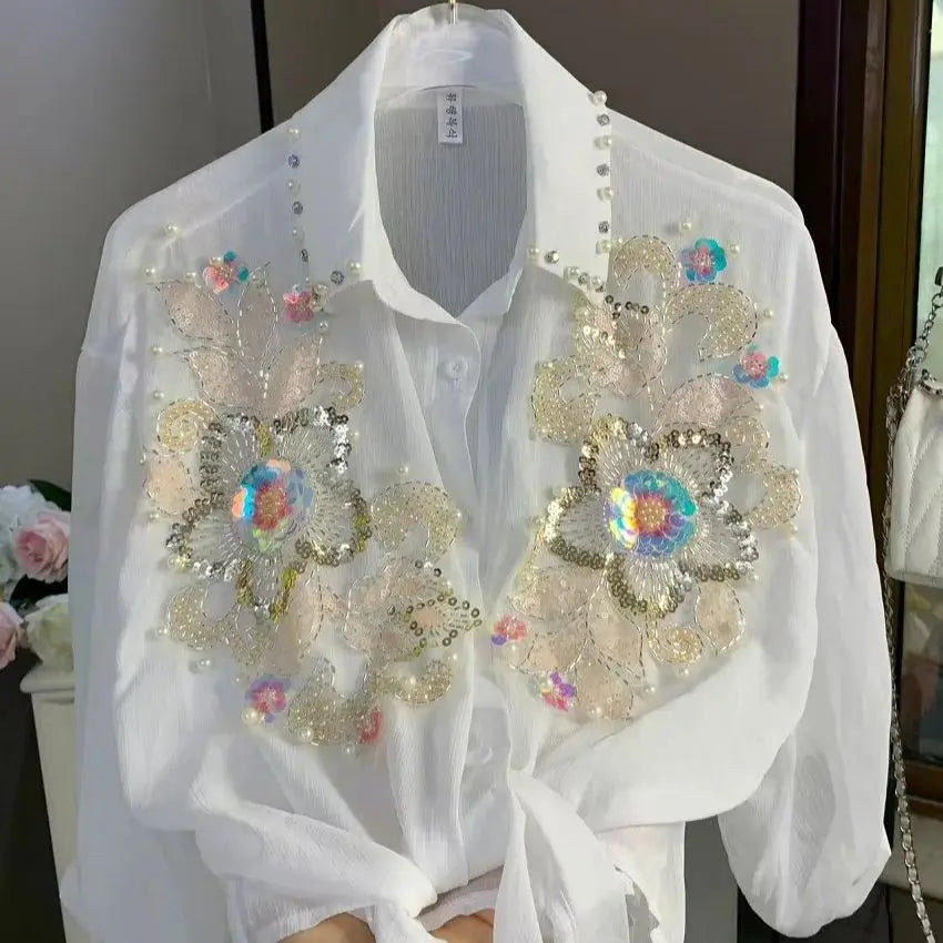 Blusas con Lentejuelas Brillantes y Bordados para Mujer, Chaquetas de Verano con Protección Solar, Ropa Coreana Popular