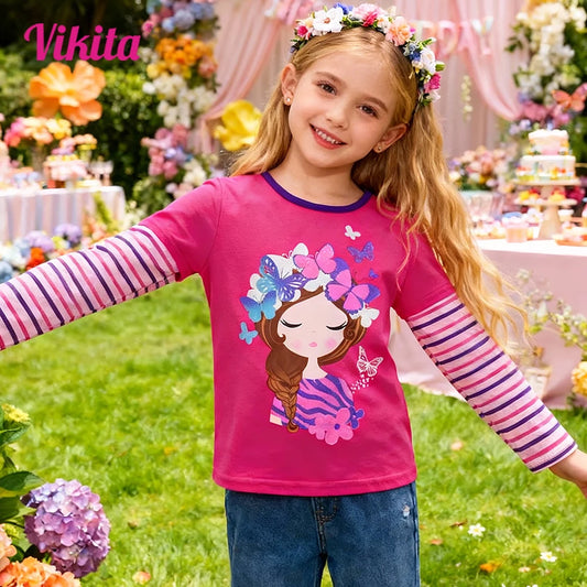 Camisetas y blusas con estampado floral de mariposas y duendes para niños pequeños, camiseta informal de algodón de manga larga a rayas rosas para niños, ropa para niños
