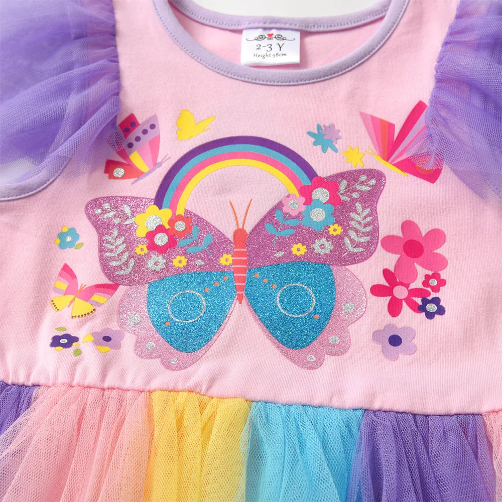 VIKITA-vestido de verano con estampado de flores y mariposas para niñas, vestidos de princesa coloridos de color rosa para fiesta, vacaciones, uso diario, ropa para niños