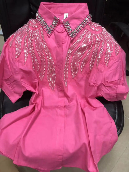 Blusas de Algodón con Cuentas y Lentejuelas Bordadas, Fotos Reales, Camisas de Mujer, Verano 2026, Manga Corta, Tops de Oficina para Dama, Camisas de Mujer