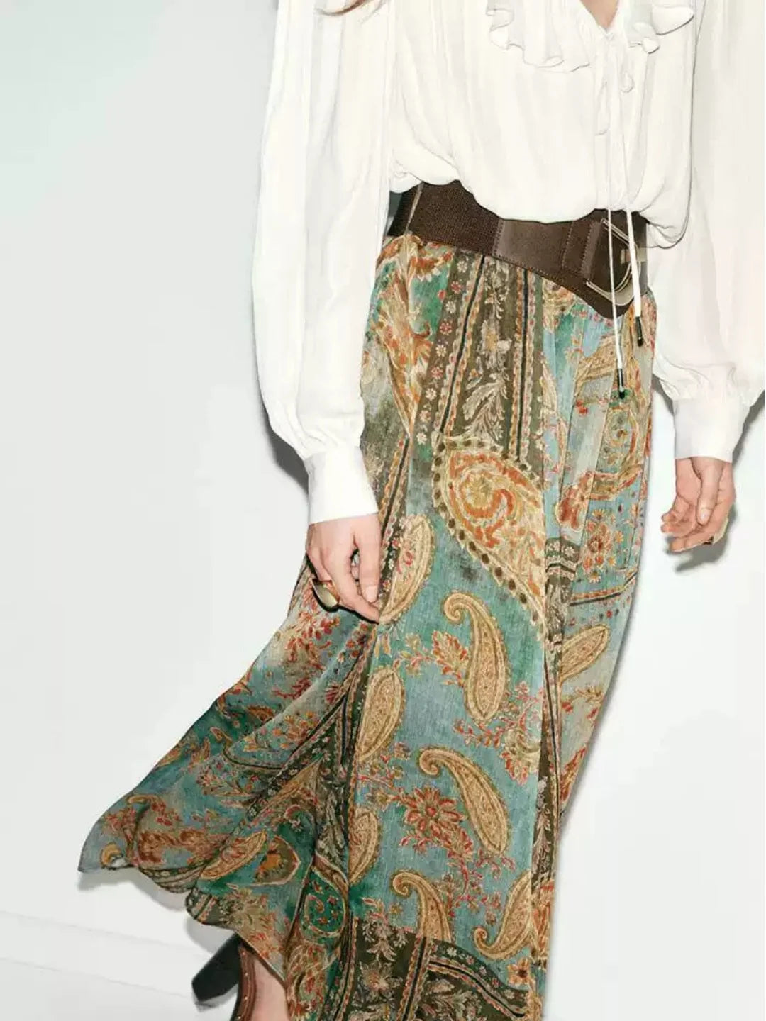 Falda Midi de Gasa con Estampado Retro Dulce y Moderno para Mujer, Estilo Veraniego, Diseño Holgado en la Cintura, Corte en A...