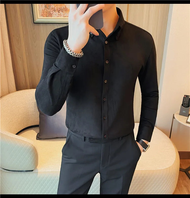 Camisa de ante de alta calidad para hombre, camisas de negocios informales de manga larga para otoño e invierno, blusa de esmoquin para fiesta Social, ropa para hombre 2023