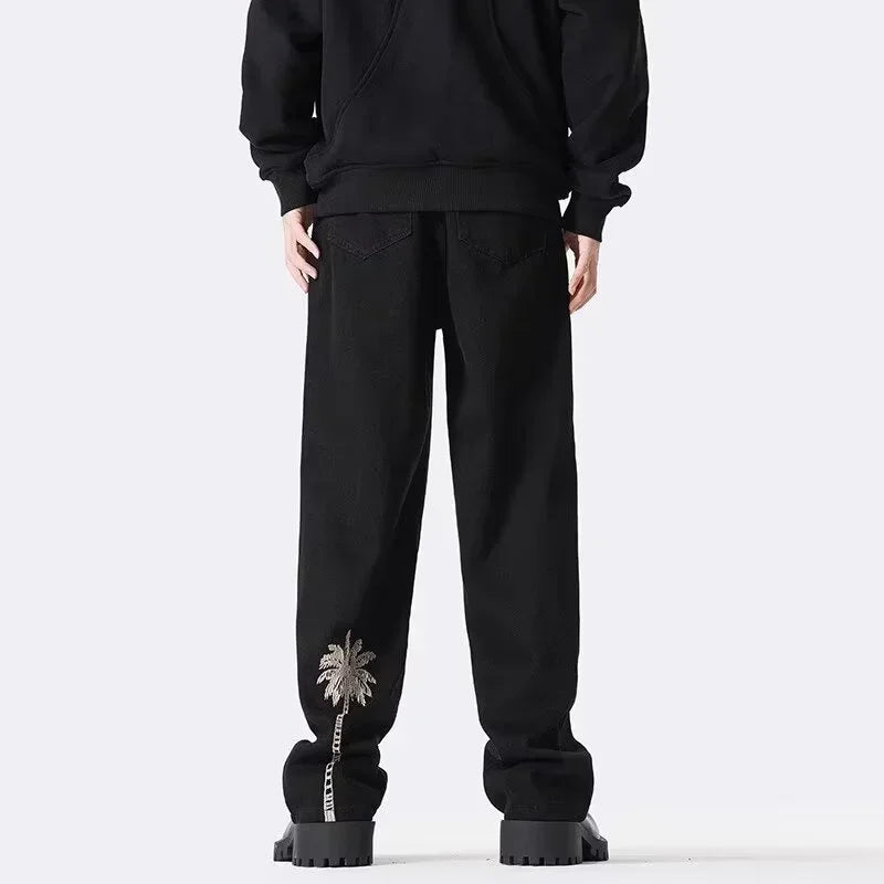 Pantalones Vaqueros de Hombre con Bordado de Palmeras, Estilo Casual, Negros, Rectos, Holgados, Moda Hip Hop, Streetwear Y2K