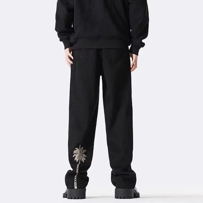 Pantalones Vaqueros de Hombre con Bordado de Palmeras, Estilo Casual, Negros, Rectos, Holgados, Moda Hip Hop, Streetwear Y2K