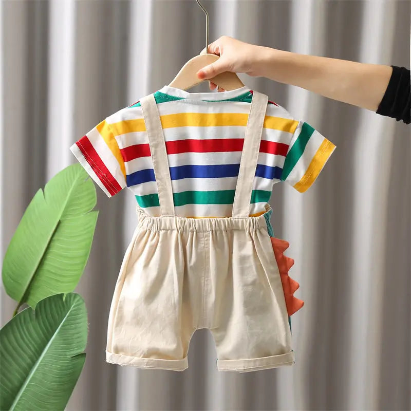 Ropa de verano para niños, ropa de moda para niños pequeños, ropa de arcoíris, camiseta, pantalones con pechera de dinosaurio de dibujos animados, 2 unids/set, traje para niños