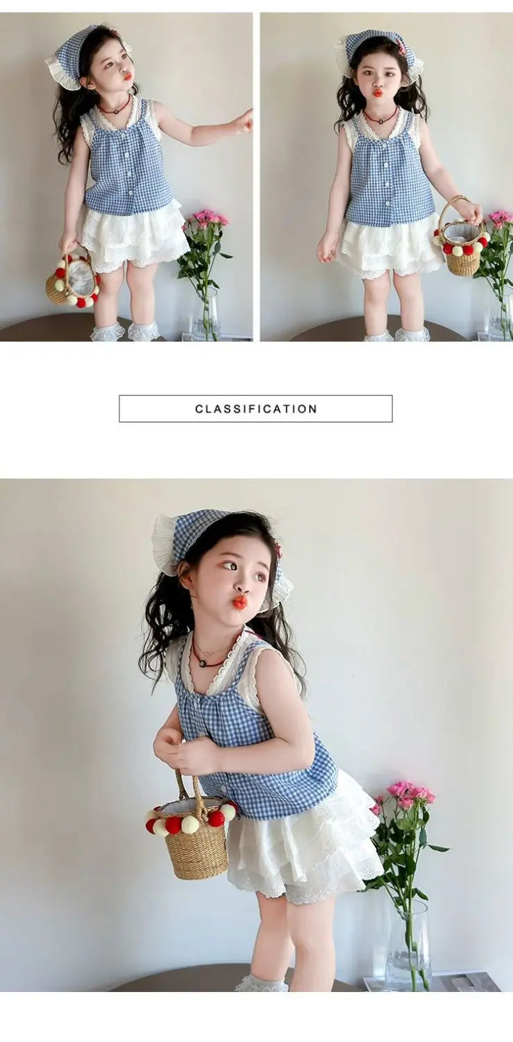 Conjunto de Dos Piezas con Estampado a Cuadros para Niñas, Top Halter con Cuello en V y Falda Corta, Mezcla de Algodón y Poli...