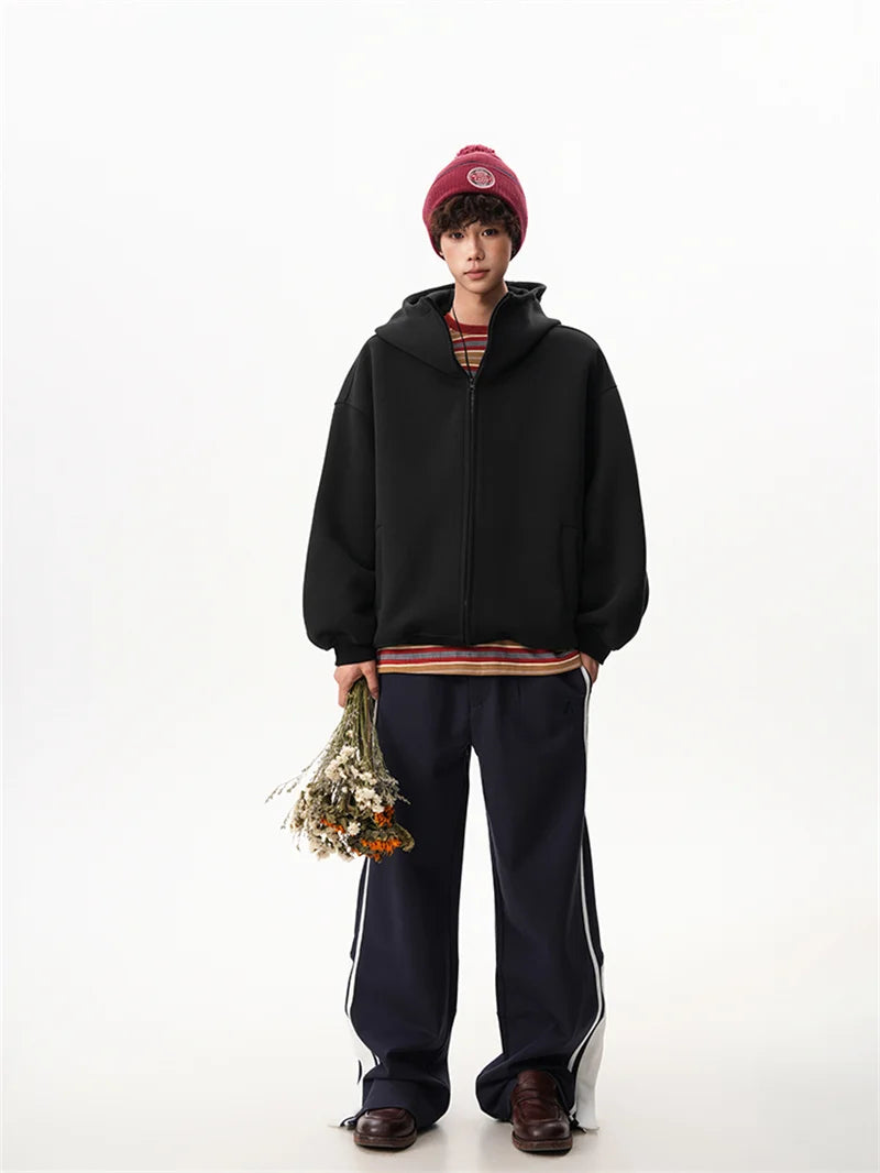 Sudaderas con capucha y cremallera de Color liso para hombre, sudaderas con capucha de moda de venta al por menor Retro, chándal informal de algodón de gran tamaño, novedad de 2026
