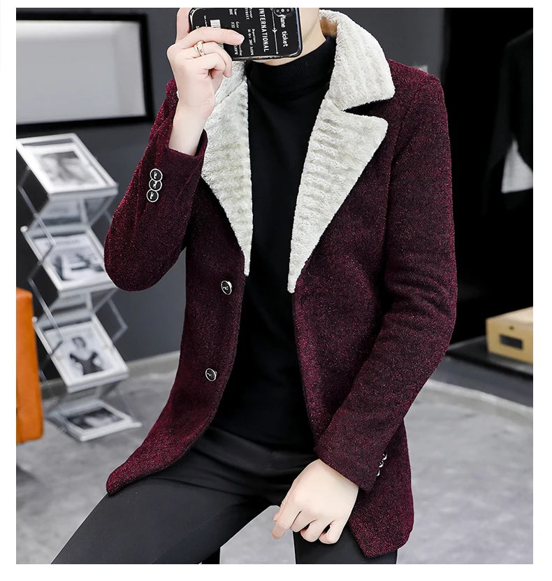 Chaquetas de lana de invierno coreanas para hombres, chaqueta de mezcla de lana gruesa de felpa con solapa, gabardina larga informal de negocios, abrigo de calle