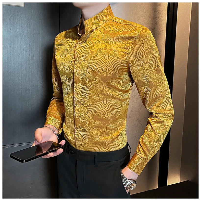 Camisas estampadas de manga larga con cuello levantado para primavera y otoño, camisa informal de moda para hombre de estilo chino Formal Social de negocios