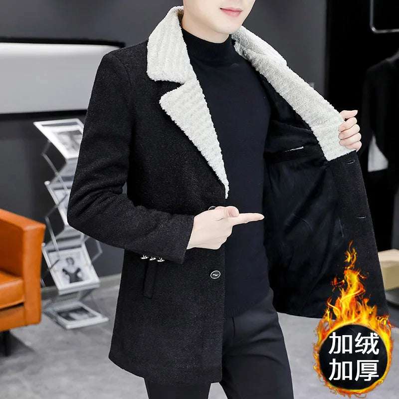 Chaquetas de lana de invierno coreanas para hombres, chaqueta de mezcla de lana gruesa de felpa con solapa, gabardina larga informal de negocios, abrigo de calle