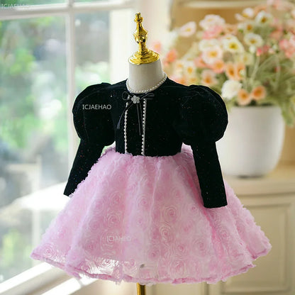 Vestido de novia de niña de flores de manga larga para niños, vestido de princesa para 1er cumpleaños, Piano, Recital, fiesta de cumpleaños, ropa Formal
